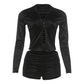 Satin 2-Piece Set Women Single-Breasted Full Sleeve Crop Tops+Elastic Waist Simple Classic Shorts Autumn Fashion Suit