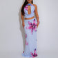 Women Two Piece Set Halter Open Back Crop Tops + Draped Cowl Neck Floral Print Slim Long Skirt Outfit for Party Vacation