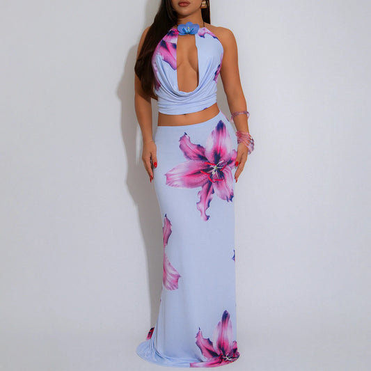 Women Two Piece Set Halter Open Back Crop Tops + Draped Cowl Neck Floral Print Slim Long Skirt Outfit for Party Vacation