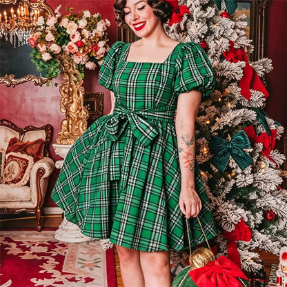 Ladies Retro Plaid Christmas Dress Square Neck Puff Short Sleeve Bow Waist A Line Swing Holiday Party Mini Dress