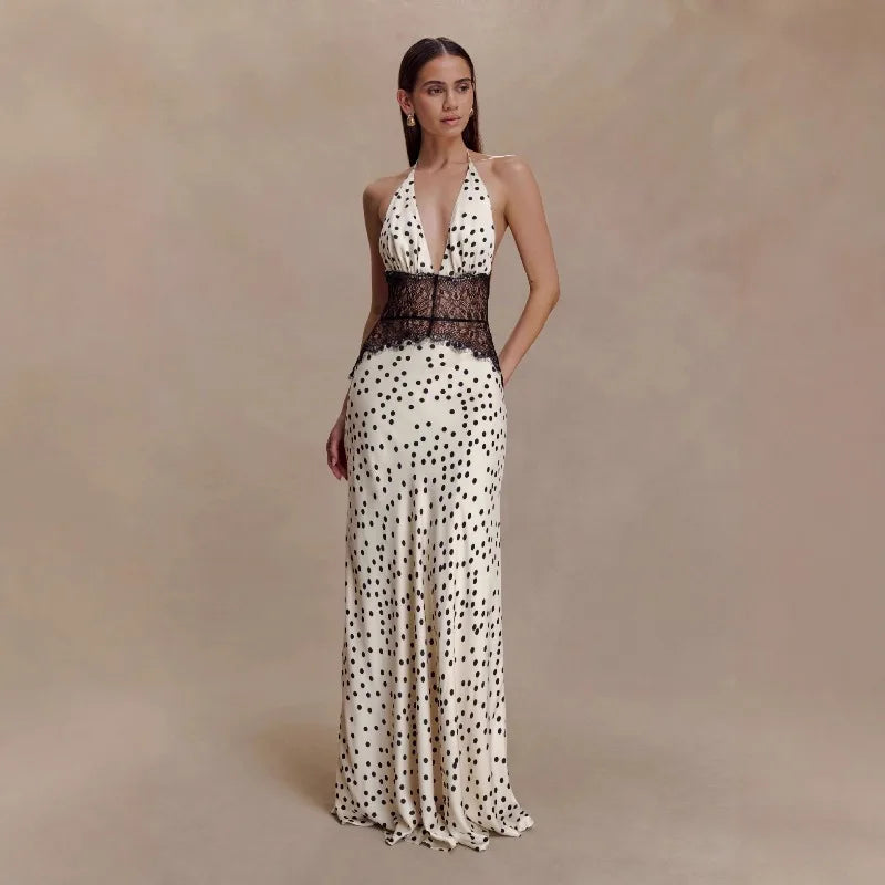 Lace and Satin Polka Dot Party Dresses for Woman Elegant Deep V Neck Backless Maxi Dress Summer 2026
