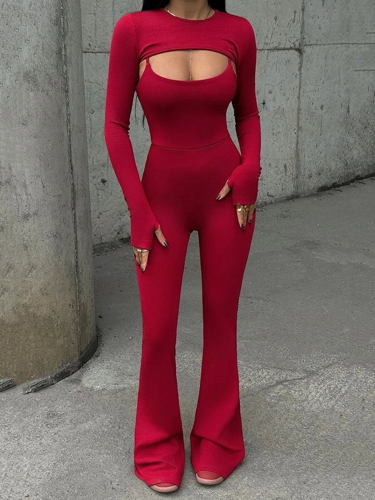 Sexy Hollow Out Jumpsuits Sets Women Fashion Solid Long Sleeve Shawl And Jumpsuits Female Elegant Two Piece Sets
