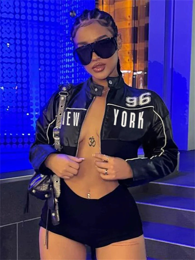 PU Patchwork Women Jacket Letter Print Hipster Button Zip Full Sleeve Trend Cool Street  Spring Outwear Crop Coat