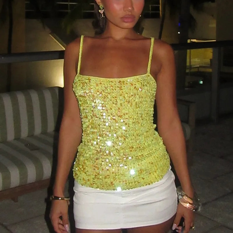 Sequin Crochet Crop Tops Women Summer Beach Knitted Smocked Camis Sparkly Glitter Backless Cover-up Crop Tops Vest