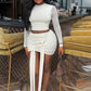 Solid Patchwork 2 Piece Set Women Autumn See Through Sleeve Crop Top+Skinny Pleats Tassel Sexy Skirts Streetwear Suit