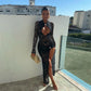 See Through Lace Mesh Black Party Dresses for Women Sexy Hollow Long Sleeve Side Split Maxi Dress