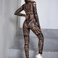 Classic Jumpsuit Women See Through  High Neck Vintage Print Skinny Sexy Midnight Fashion Wild Street Outfits