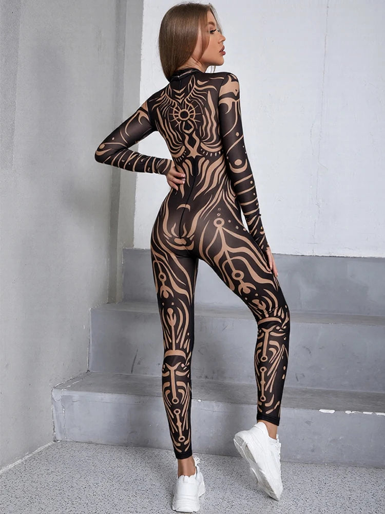 Classic Jumpsuit Women See Through  High Neck Vintage Print Skinny Sexy Midnight Fashion Wild Street Outfits