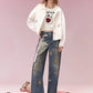 Cute Embroidered Crop Top for Women, Cartoon Knit T-Shirt with Black Cuffs, Perfect for Street Style & Casual Outfits