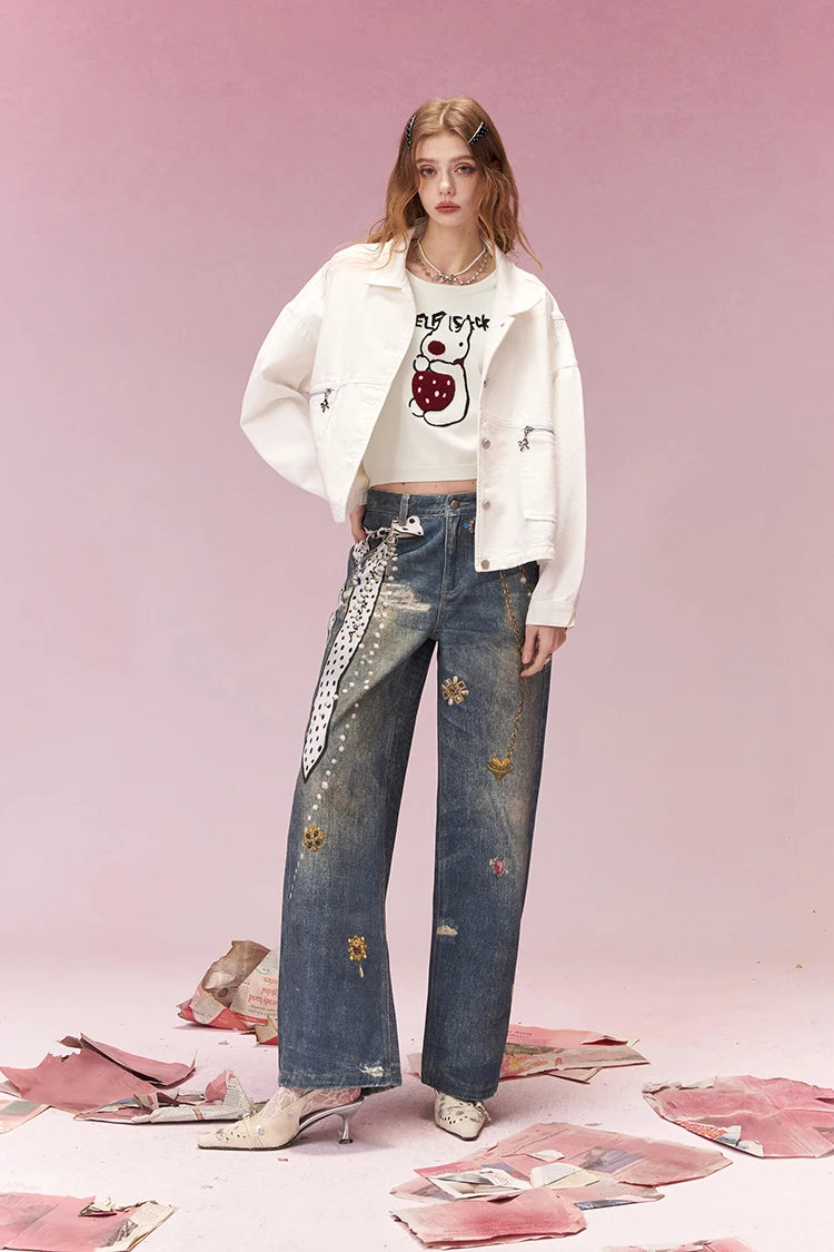 Cute Embroidered Crop Top for Women, Cartoon Knit T-Shirt with Black Cuffs, Perfect for Street Style & Casual Outfits