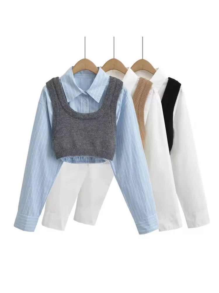 Lapel Single Breasted Vest Shirt Women 2024 Trend Knitted 2 Piece Set Matching Wild Hipster Streetwear Summer Tops