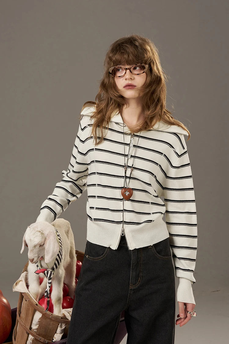 2025 Autumn New Arrivals Casual Classic Soft Navy Collar Silver Zipper Striped Knitted Cardigan For Woman