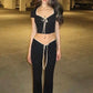 Y2k Cute Black Two Piece Set Women Outfit 2023 Summer Lace Up Low Rise Flare Pants and Crop Top Matching Sets