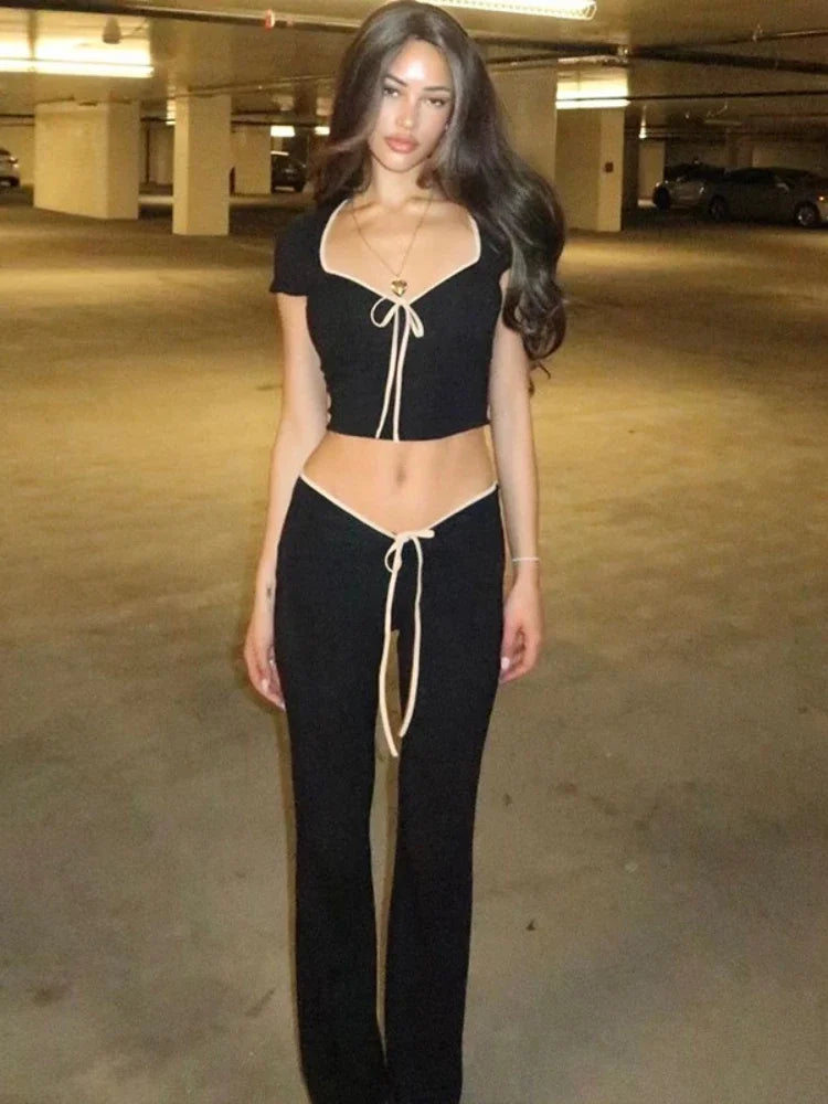 Y2k Cute Black Two Piece Set Women Outfit 2023 Summer Lace Up Low Rise Flare Pants and Crop Top Matching Sets