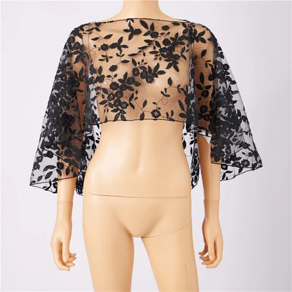 Women Floral Lace Tulle Cape Short Wedding Shawl Bell Sleeve Sheer Mesh Bolero Cover Up Bridal Evening Party Prom Shrug