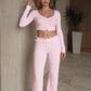 Ruched Sweet 2-Piece Set Women Low-Neck Single-Breasted Long Sleeve Crop Tops+Elastic Waist Pants Casual Sporty Suits