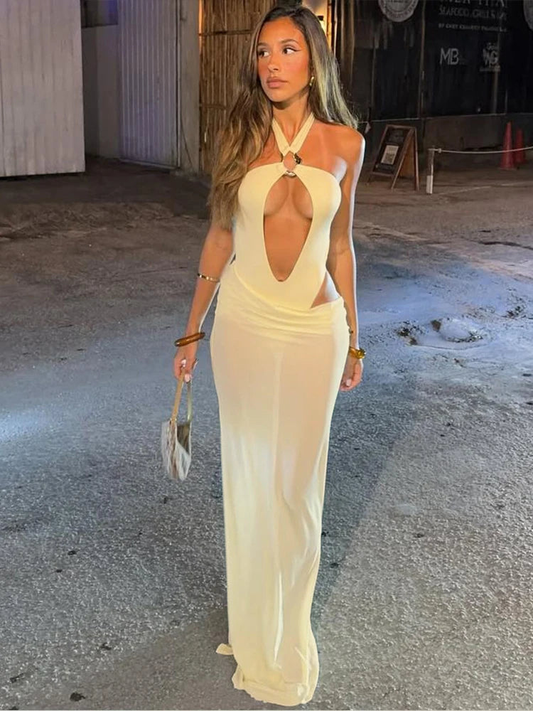 Sexy See Through 2 Piece Set Women Halter Metal Patchwork Hollow Bodysuits+Solid Long Skirts Beach Party Elegant Suit
