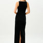 Women Black Velvet Sexy Maxi Dress Sleeveless Deep U Neck Ruched Waist Back Split Bodycon Long Evening Party Dress