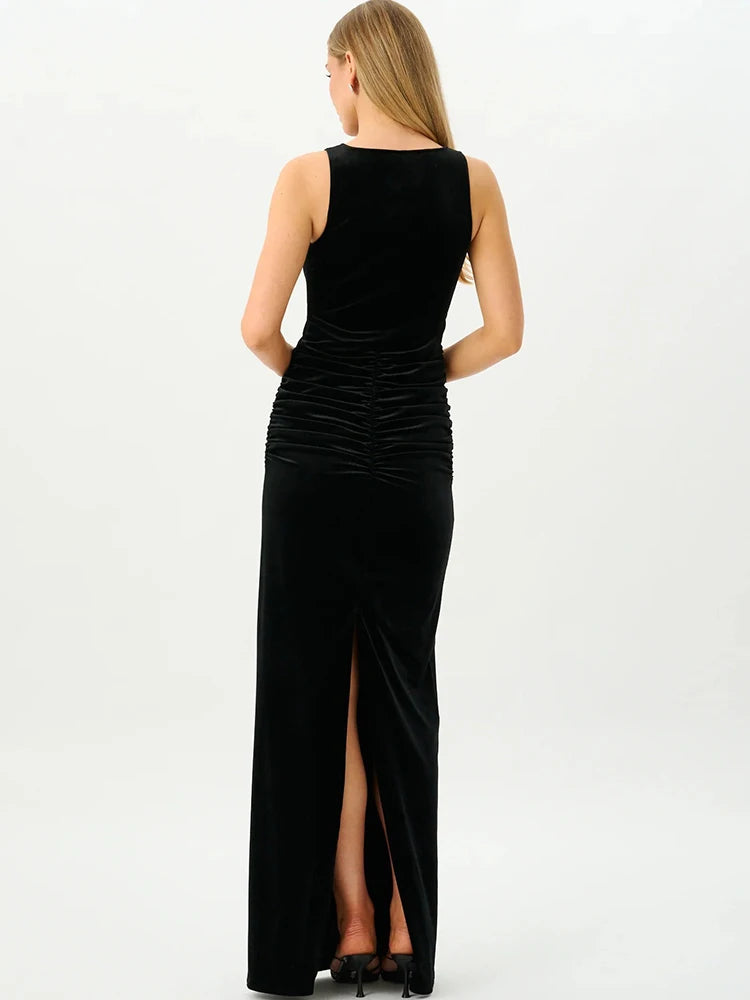 Women Black Velvet Sexy Maxi Dress Sleeveless Deep U Neck Ruched Waist Back Split Bodycon Long Evening Party Dress