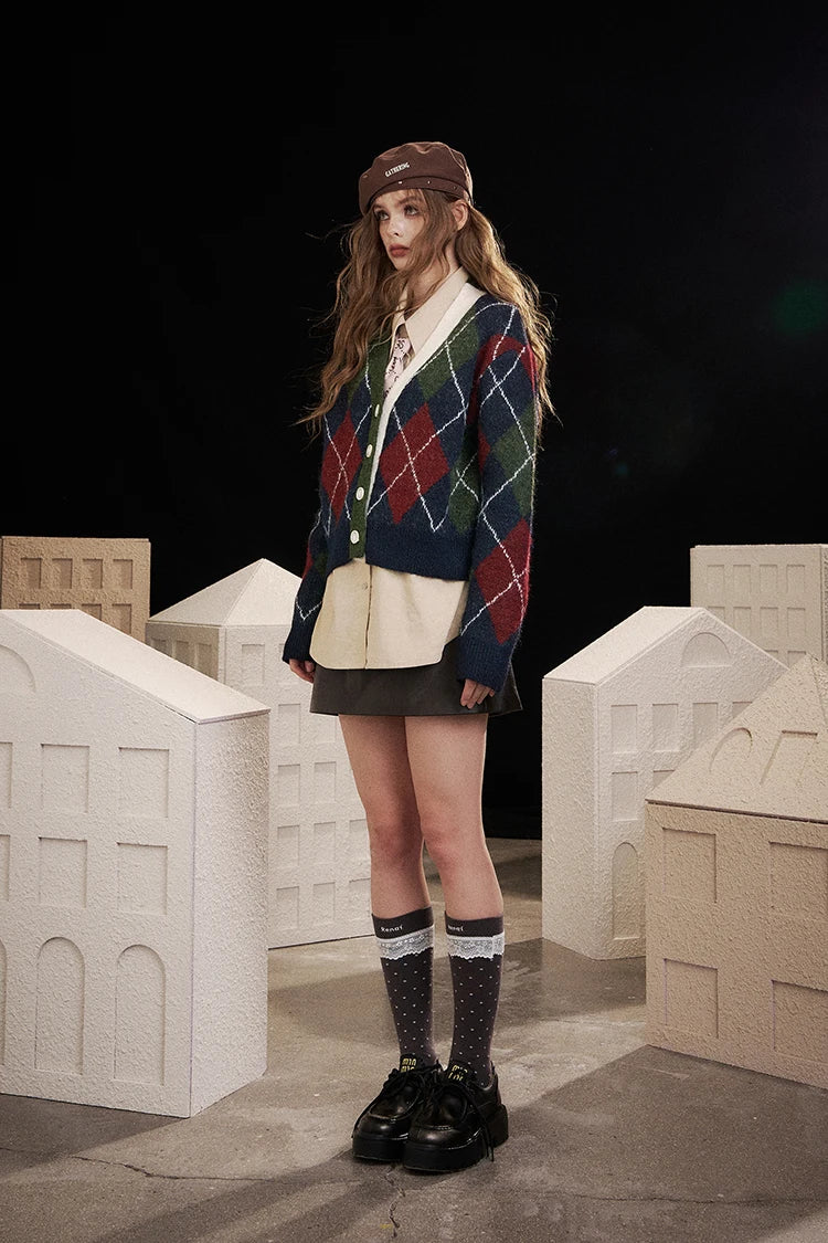 2025 V Neck Cardigan Women, Loose Preppy Wool Blend Sweater, Y2K Diamond Pattern Open Front Knit Top
