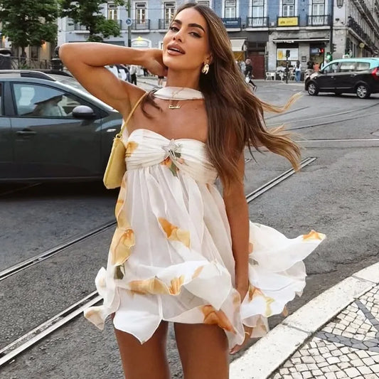 Floral Mesh Dresses Off Shoulder Halter Backless Irregular Mini Dress Sexy Outfits Woman Clothing