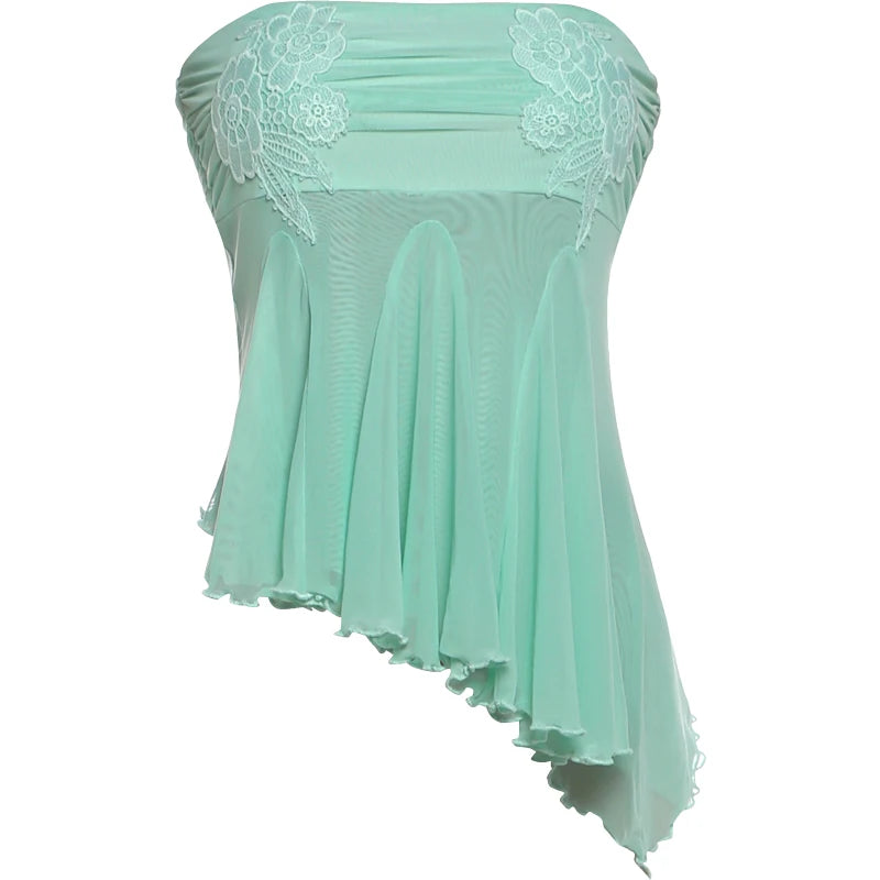 Trend Jacquard Patchwork Tank Top Women Fashion Irregular Mesh Hem Ruched Sexy Chic Simple Vacation Party Club Vest