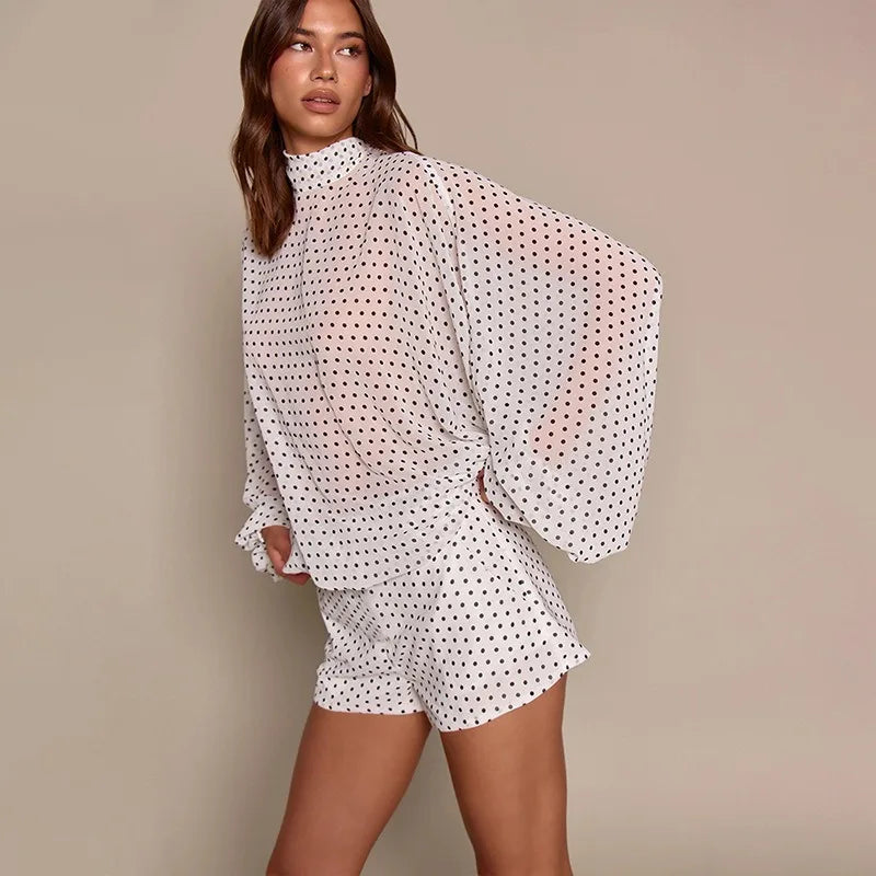 2 Piece Set White Chiffon Polka Dot Oversized Blouse and Shorts Co-ord Sets Elegant 2026 Fall Outfits Woman