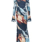 Colorful Print Dress Women Fashion Trend Skew Collar Puff Sleeve Stretch Elegant Vacation Party Club Long Bodycon