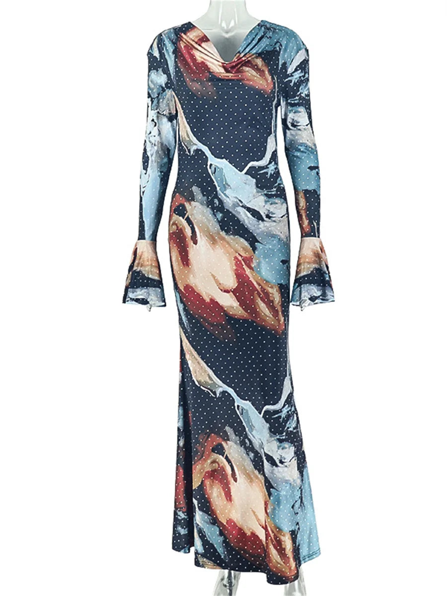 Colorful Print Dress Women Fashion Trend Skew Collar Puff Sleeve Stretch Elegant Vacation Party Club Long Bodycon