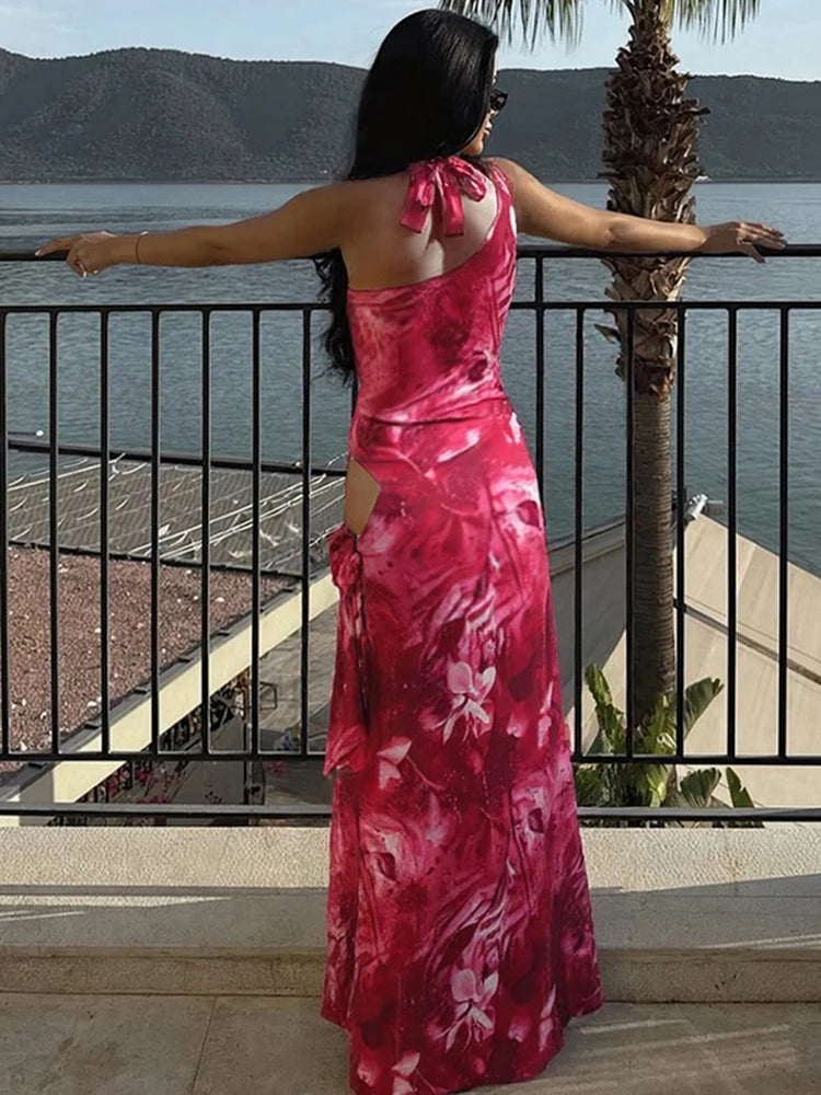 Flower Print Dress Women Backless Waistless Cross Lace-Up Halter Side Slit Patchwork Midnight Clubwear Party Vestidos