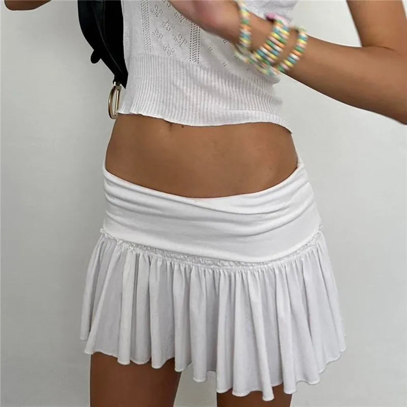 Women Low Waist Fold Over Pleated Mini Skirt Y2K Ruched Flared A Line Short Skirt Summer Casual Fairy Skirt