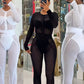 Patchwork Mesh 2-Piece Set Women See Through Zip o-Neck Long Sleeve Crop Tops+Pants Sexy Stretch Matching Autumn Suits