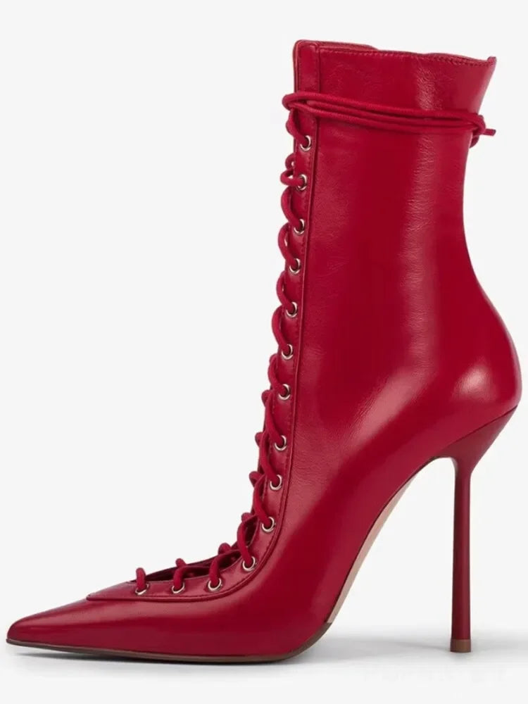2026Spring/Summer New Lace Up Short Cool Boots Side Zipper Banquet Slimming High Heels Sexy Knee Length Women's Boots