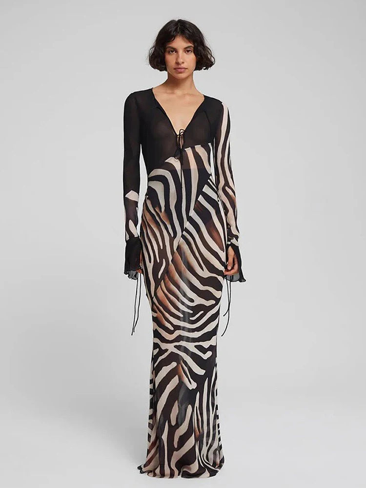 Mesh Patchwork Dress Women Fashion Print Low-Neck Sexy Cleavage Shirring Flared Sleeve Street Wild Style Long Bodycon