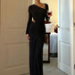 Women Elegant Maxi Dress Asymmetrical One Shoulder Long Sleeve Waist Cutout Ruched Bodycon Long Evening Party Dresses