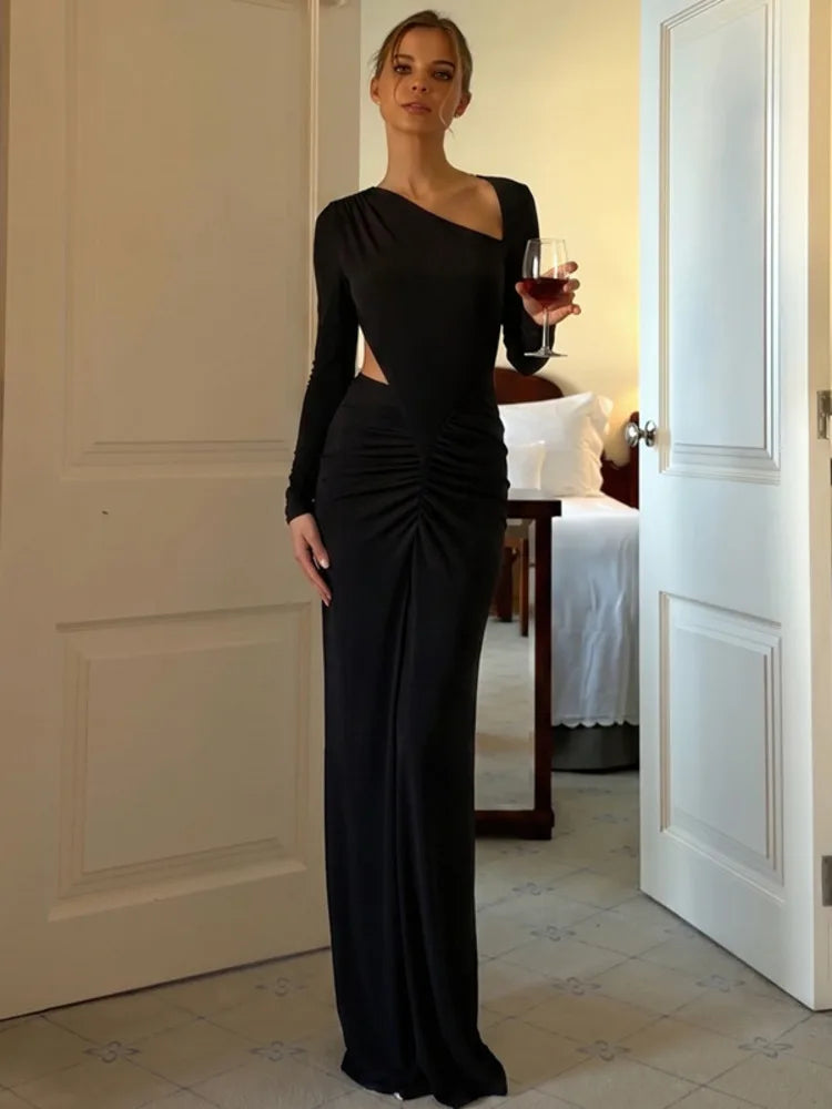 Women Elegant Maxi Dress Asymmetrical One Shoulder Long Sleeve Waist Cutout Ruched Bodycon Long Evening Party Dresses