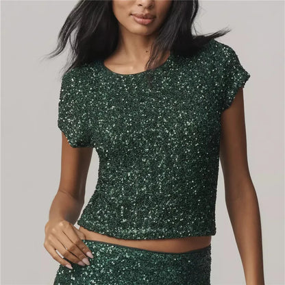 Women Sequin Glitter T Shirts Short Sleeve Round Neck Slim Fit Tee Tops Shiny Sparkly Party Club Shirts Y2K Streetwear