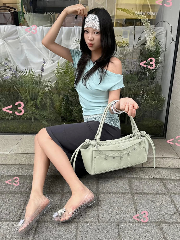 Chic 2-Piece Set Women Slanted Shoulders Rhinestone Decoration t-Shirt+Patchwork Lace Skirt Daily Fashion Leisure Suit