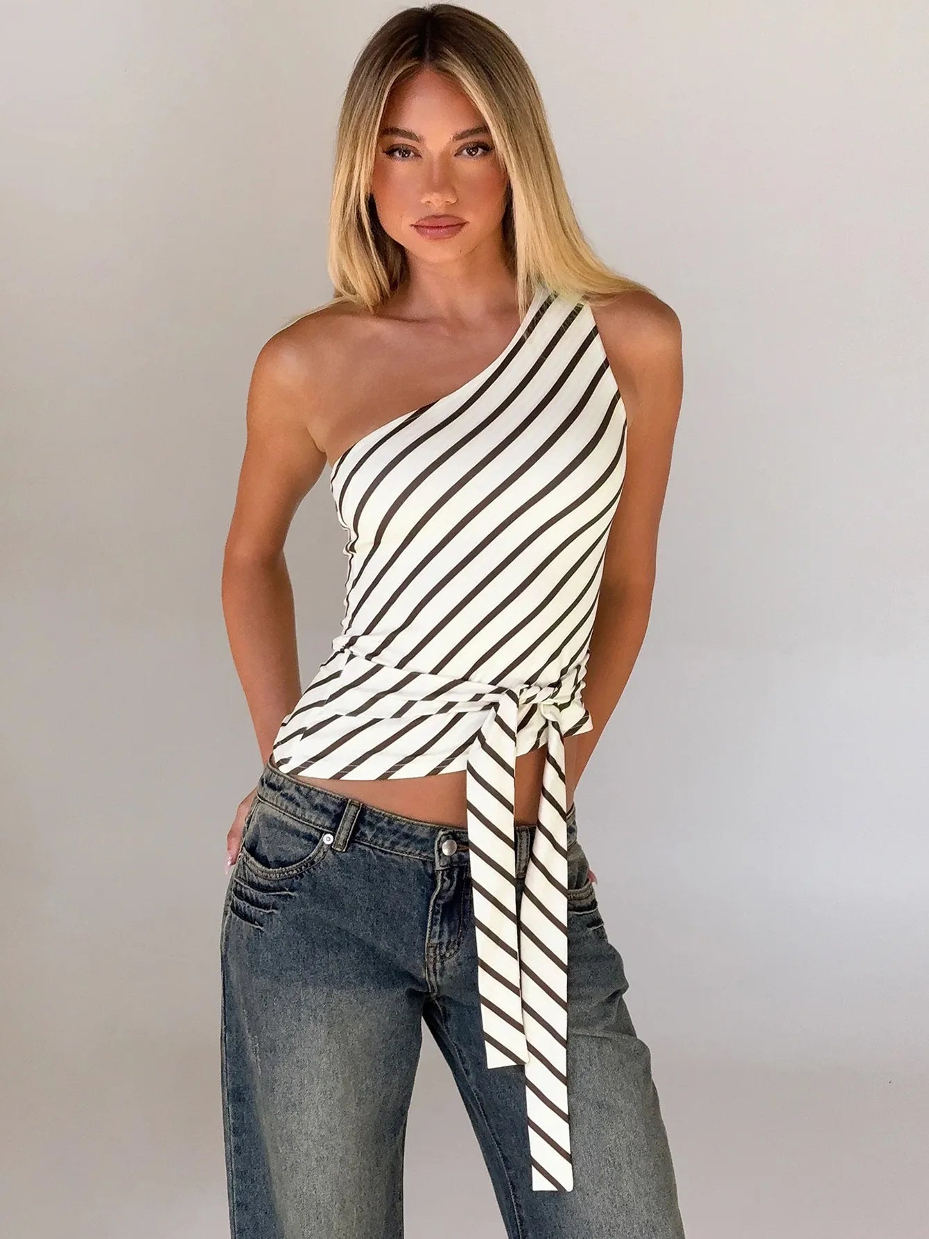Asymmetric Lace Up One Shoulder Tank Top Striped Sleeveless Cropped Tops Fashion 2026 Summer Clothes for Women