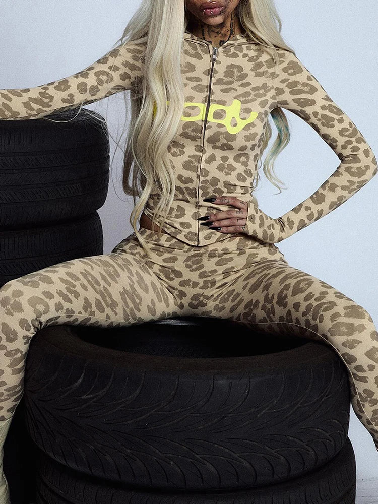 Leopard Tracksuit 2-Piece Set Women Letter Print Zip Hooded Crop Jacket+Leggings Casual Stretch Sporty Street Outfits