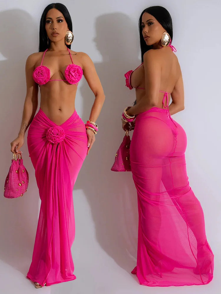 Beach Style Sexy 3 Piece Set Women Lace-Up Halter Pleats Flower Bra+Briefs+See Through Skirts Fashion Bikini Suit