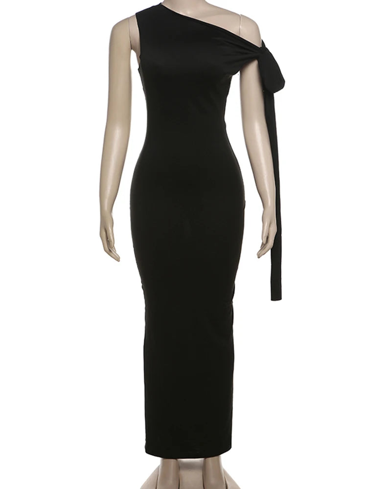 Knot Bandage Dress Woman Summer Sexy Solid Elegant One-Shoulder Sleeveless Bodyshape Simple Party Skinny Vestidos