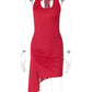 Women Halter U Neck Mini Dress Side Ruched High Split Asymmetrical Draped Bodycon Dress Club Night Out Party Vestidos