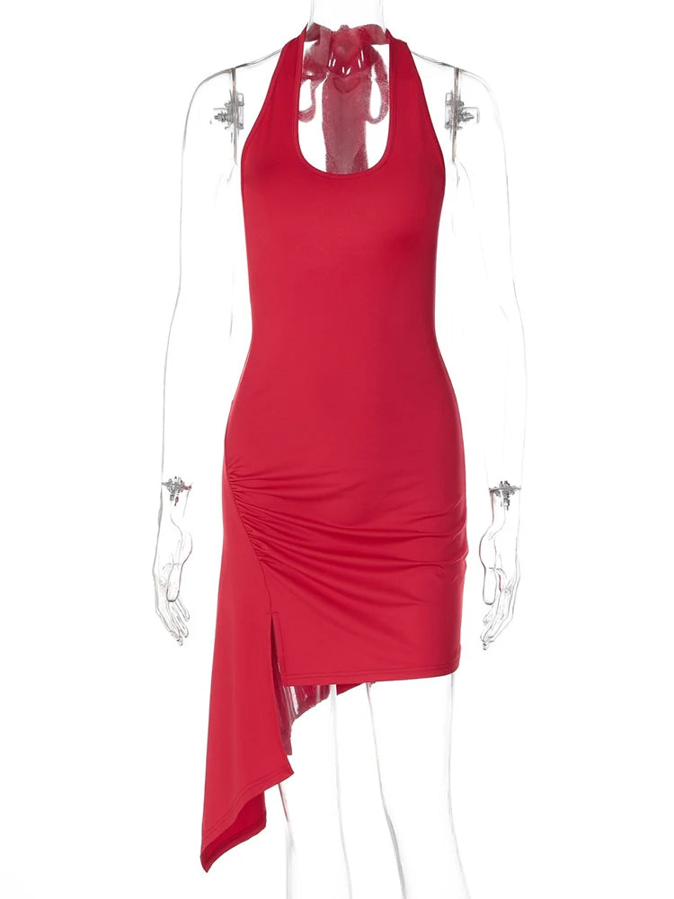 Women Halter U Neck Mini Dress Side Ruched High Split Asymmetrical Draped Bodycon Dress Club Night Out Party Vestidos