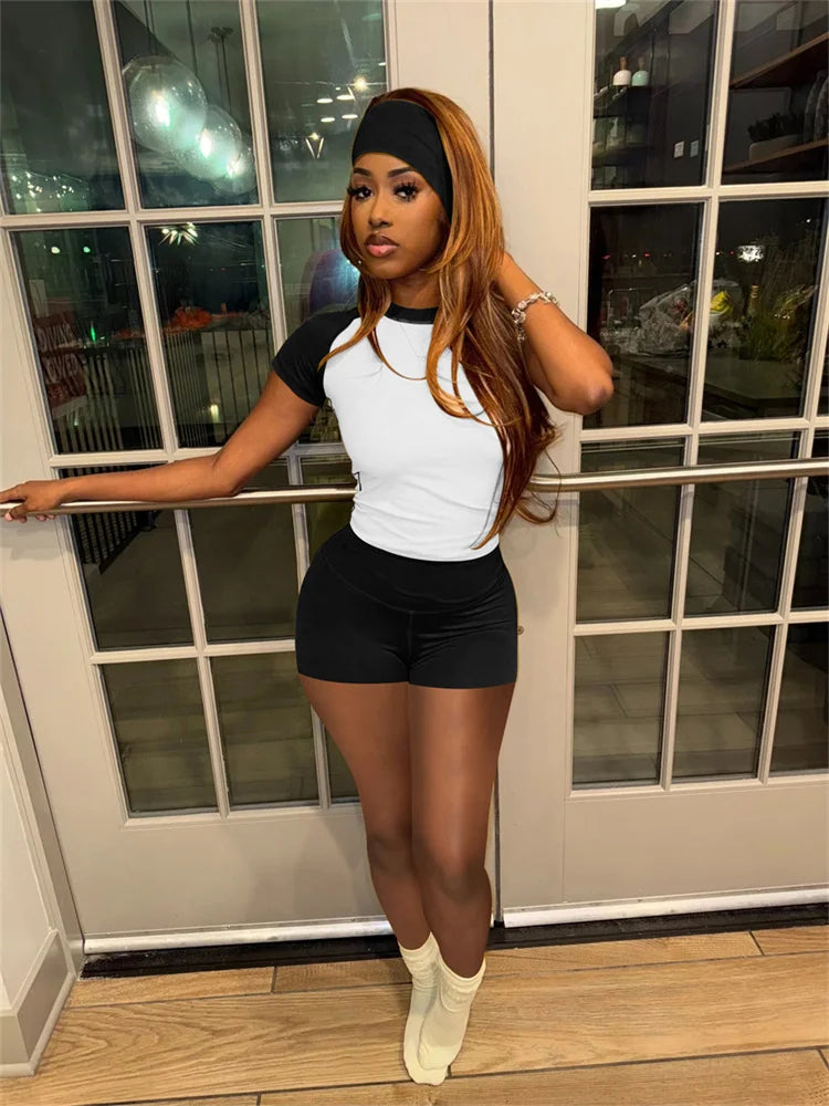 Casual Simple 3 Piece Set Women Solid Headbands+Patchwork Crop Tops+Skinny Shorts Matching Daily Fashion Sporty Suit