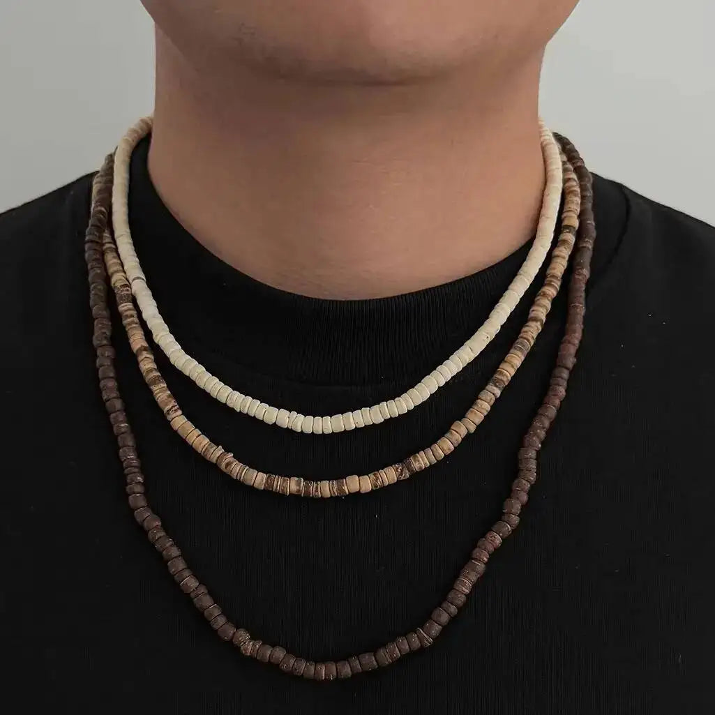 3Pcs/Set Unique Irregular Coconut Husk Wooden Beads Chokers Necklace for Men Vintage Adjustable Chain Daily Jewelry New