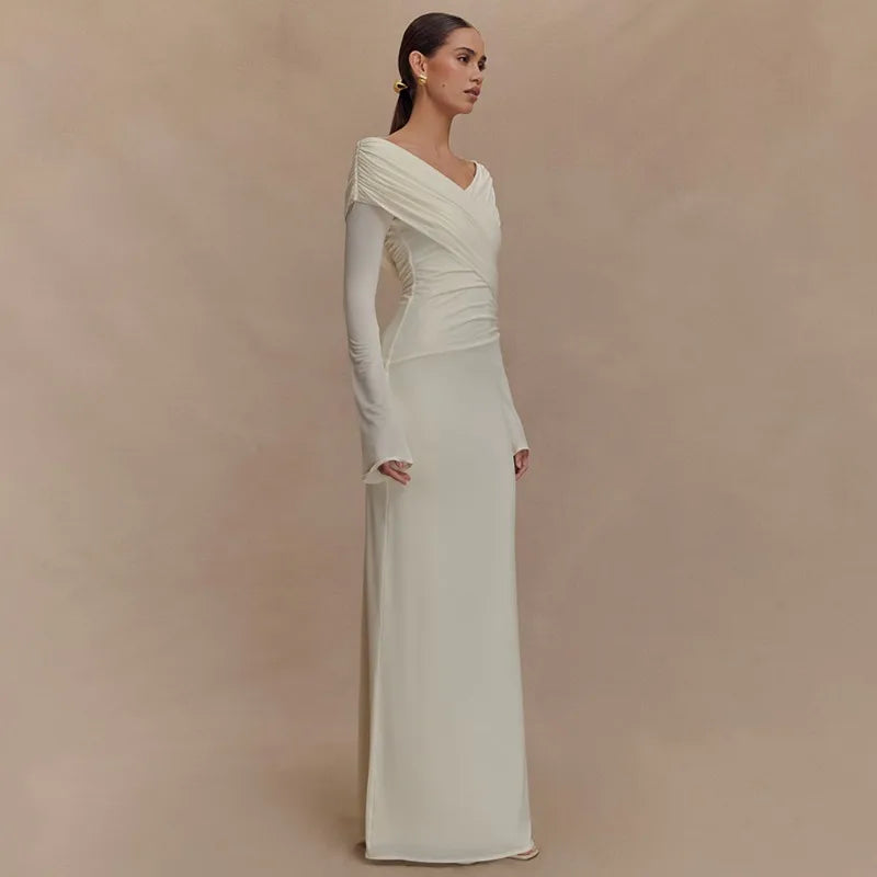 V Neck Off Shoulder Long Sleeve Maxi Dress White Elegant Dresses for Woman for Party Outfits Autumn 2025