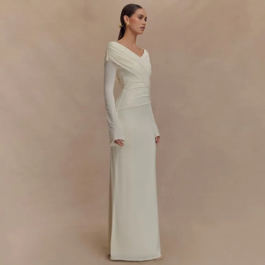 V Neck Off Shoulder Long Sleeve Maxi Dress White Elegant Dresses for Woman for Party Outfits Autumn 2025
