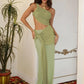 Sexy Vacation 2 Piece Sets Green See Through Mesh Patchwork One Shoulder Top and Long Skirt Set Women Outfit