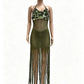 Sequin Knit Maxi Dress Women Hollow Long Tassel Halter Bandgae Low-Neck See Through Sleeveless Backless Vestidos